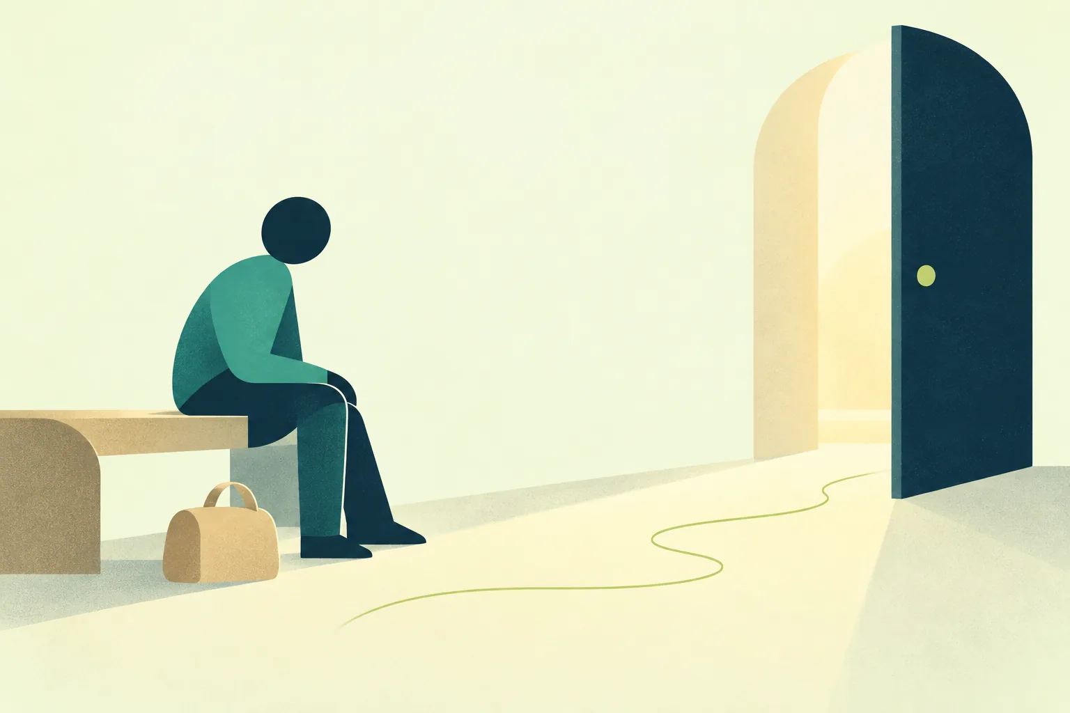 Ilustración de una figura sin rostro sentada en un banco junto a una puerta entreabierta; un hilo lima queda suelto en el suelo.
