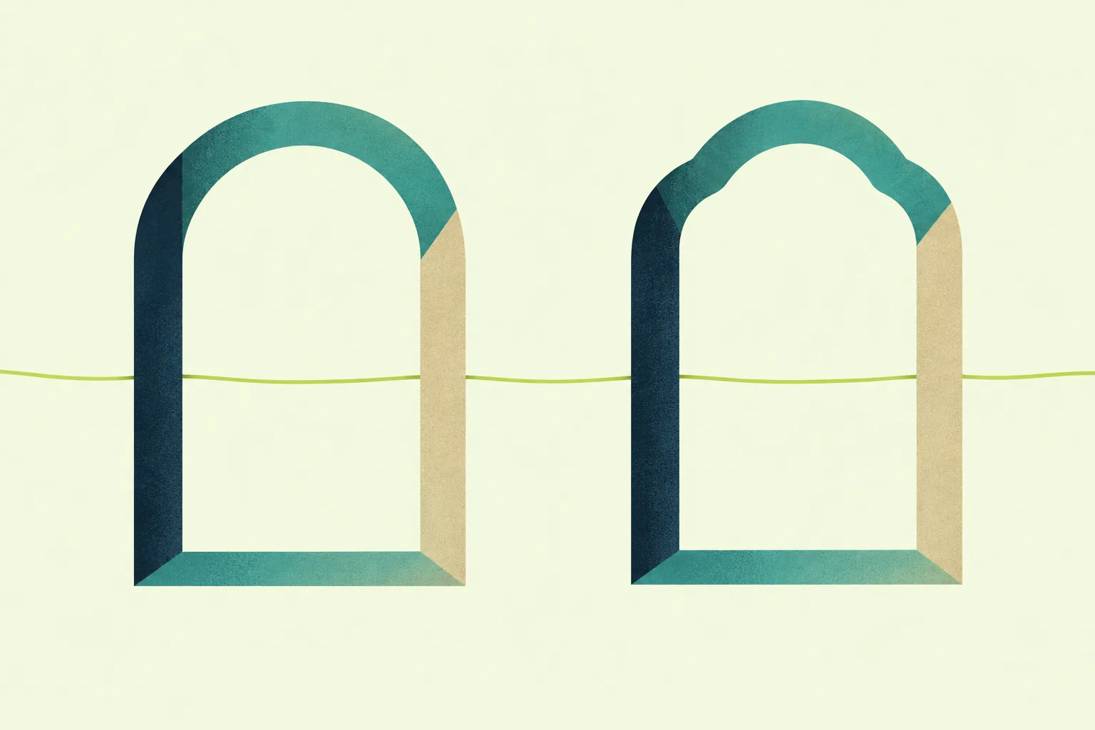 Ilustración de dos ventanas en arco casi iguales, una con el arco ligeramente distinto; un hilo lima atraviesa las dos.