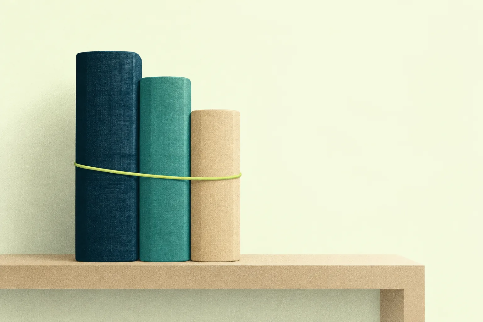 Ilustración de tres libros de distinta altura y color en un estante, rodeados por un hilo lima que los une.