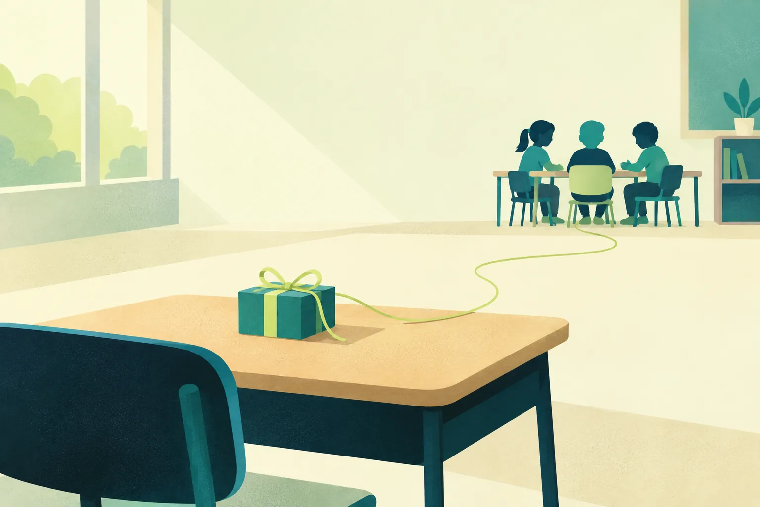 Ilustración de un pupitre con un regalo y una mesa de alumnos al fondo, conectados por un hilo lima suelto.