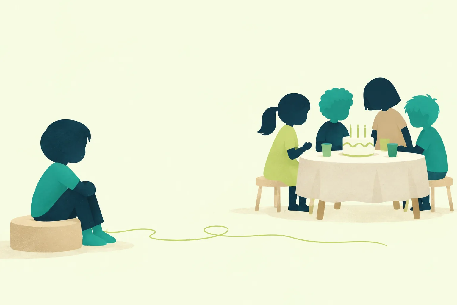 Ilustración de una figura infantil sentada aparte de una mesa de cumpleaños; un hilo lima queda suelto entre ambas.