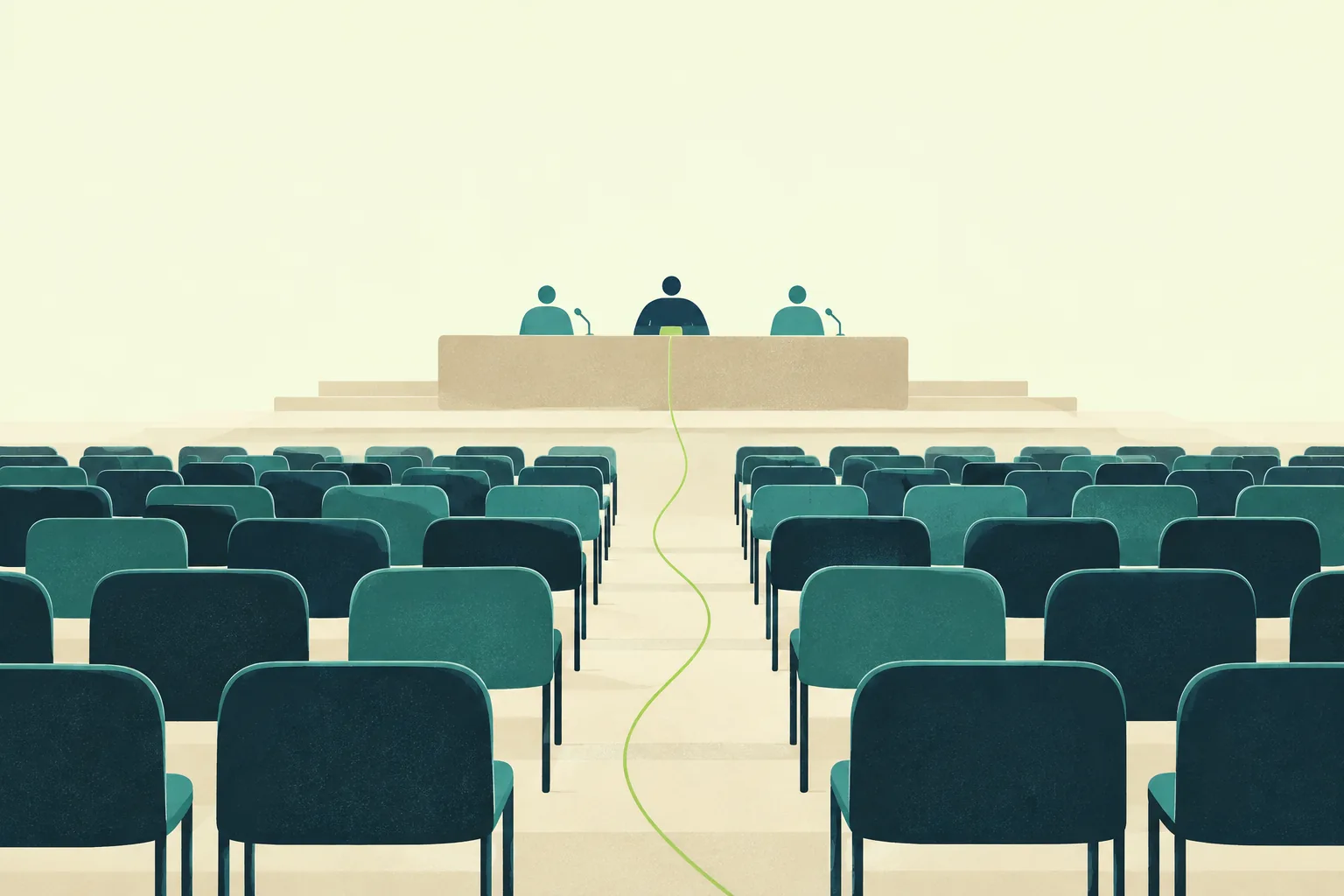 Ilustración de una mesa alargada al fondo con unas pocas figuras y muchas filas de sillas vacías delante, unidas a la mesa por un hilo verde.