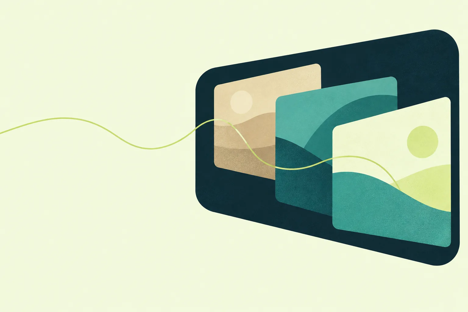 Ilustración geométrica de varios fotogramas abstractos unidos por un hilo lima; no representa una obra concreta.
