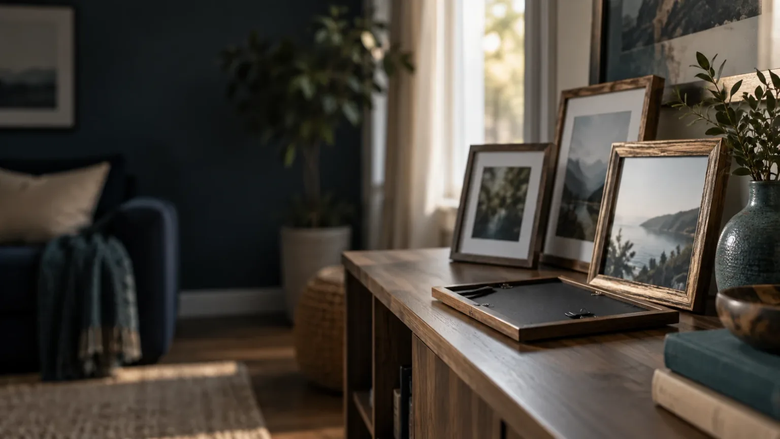 Marcos de fotos sobre un mueble de salón, junto a la ventana; uno de ellos está boca abajo.