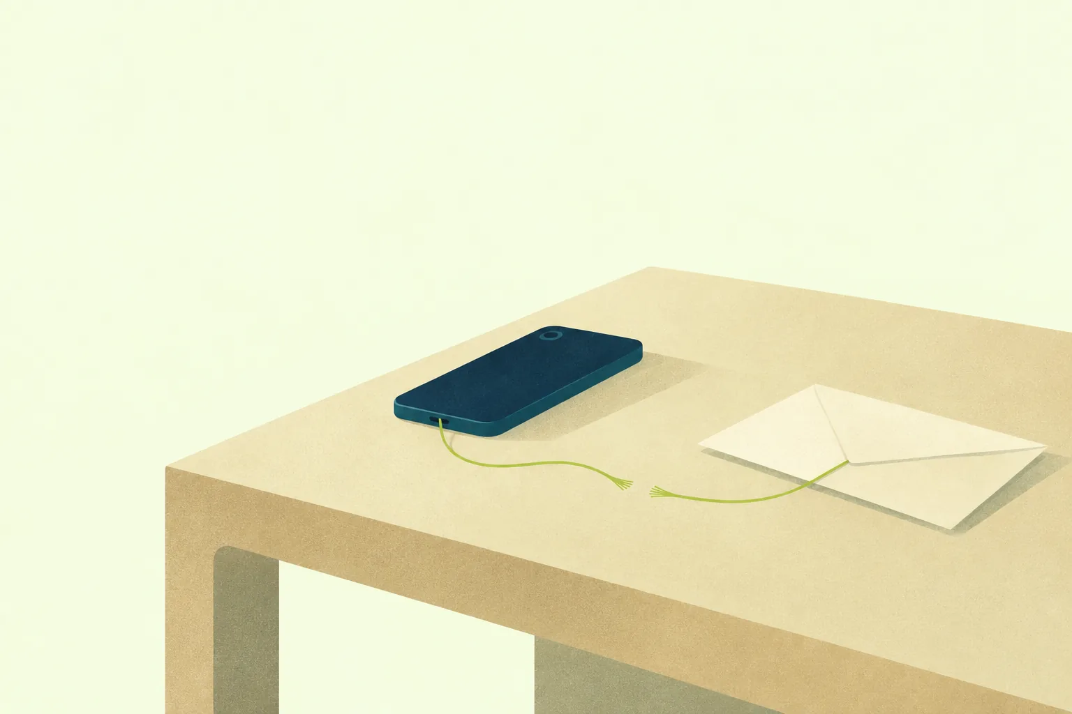 Ilustración de un teléfono boca abajo y una carta sin abrir sobre una mesa, unidos por un hilo lima cortado en el medio.