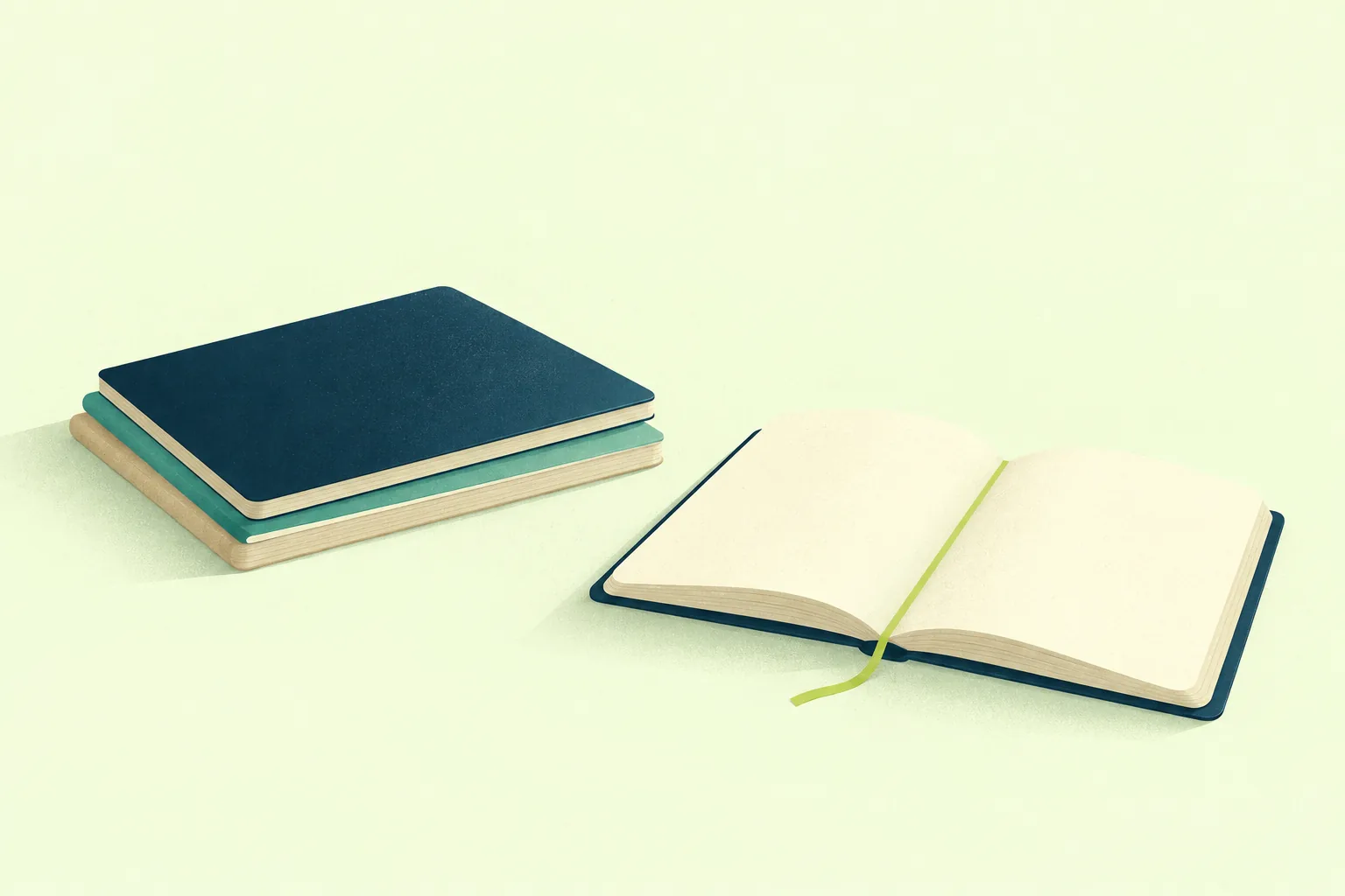 Ilustración de una pila de tres cuadernos junto a un cuaderno abierto, con un hilo lima como marcapáginas.