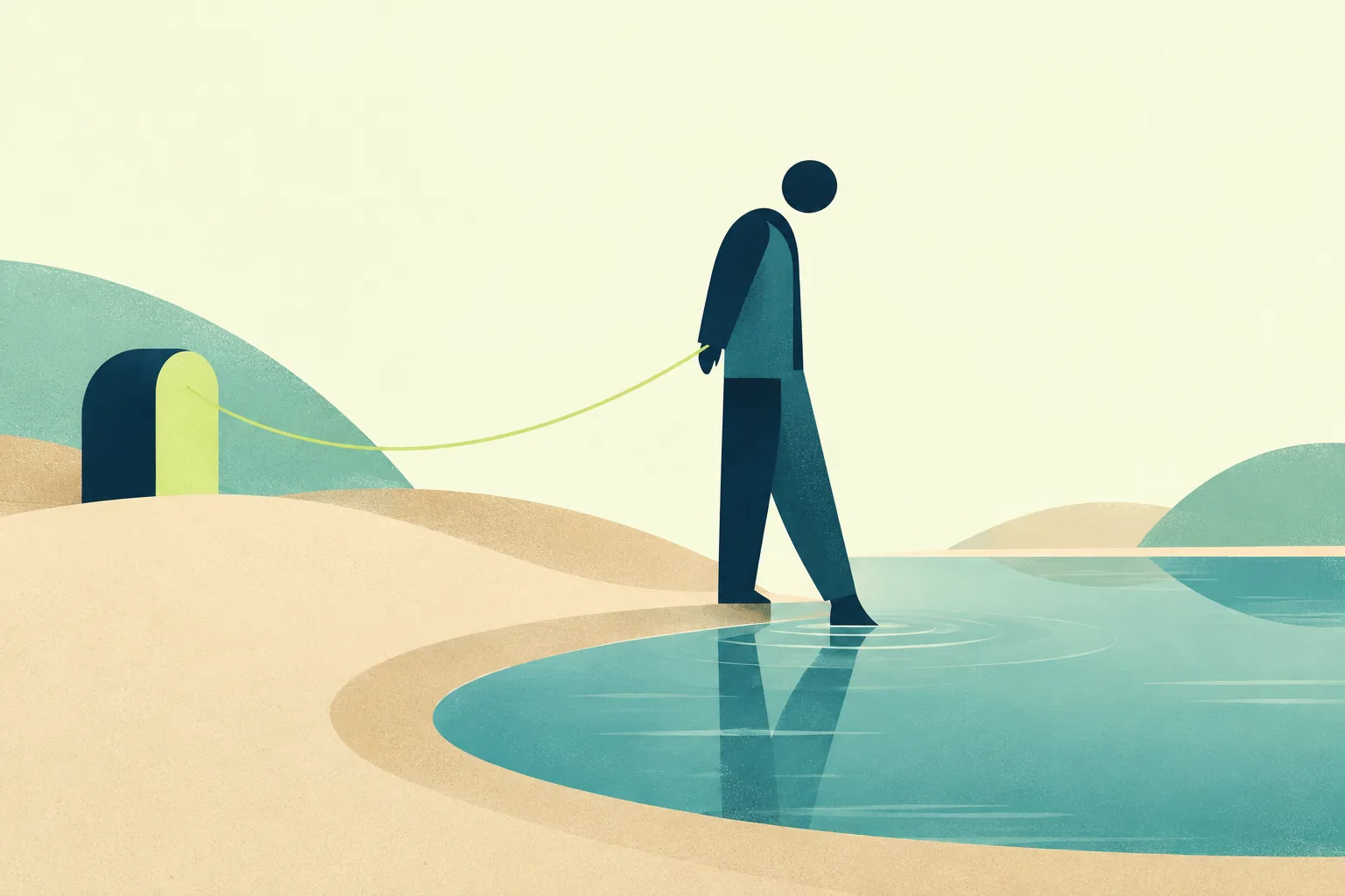 Ilustración de una figura geométrica que entra en una piscina poco profunda, mientras un hilo verde la conecta con un arco en la orilla