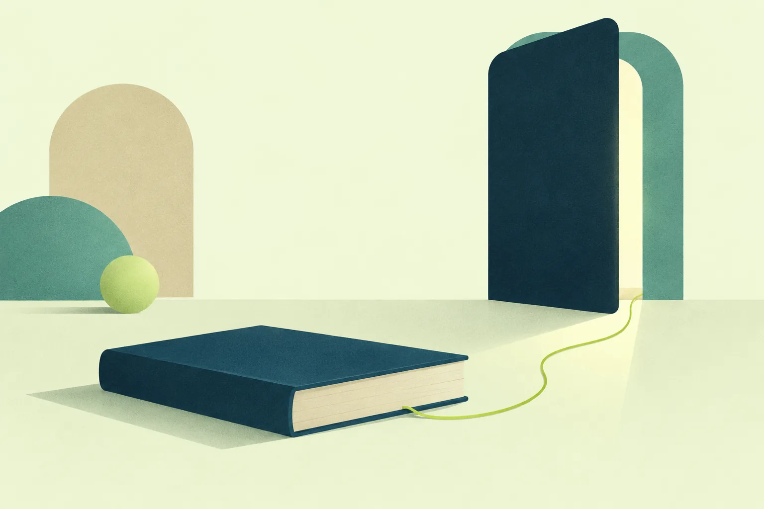Ilustración de un libro cerrado y una puerta entreabierta por la que entra luz, unidos por un hilo verde.