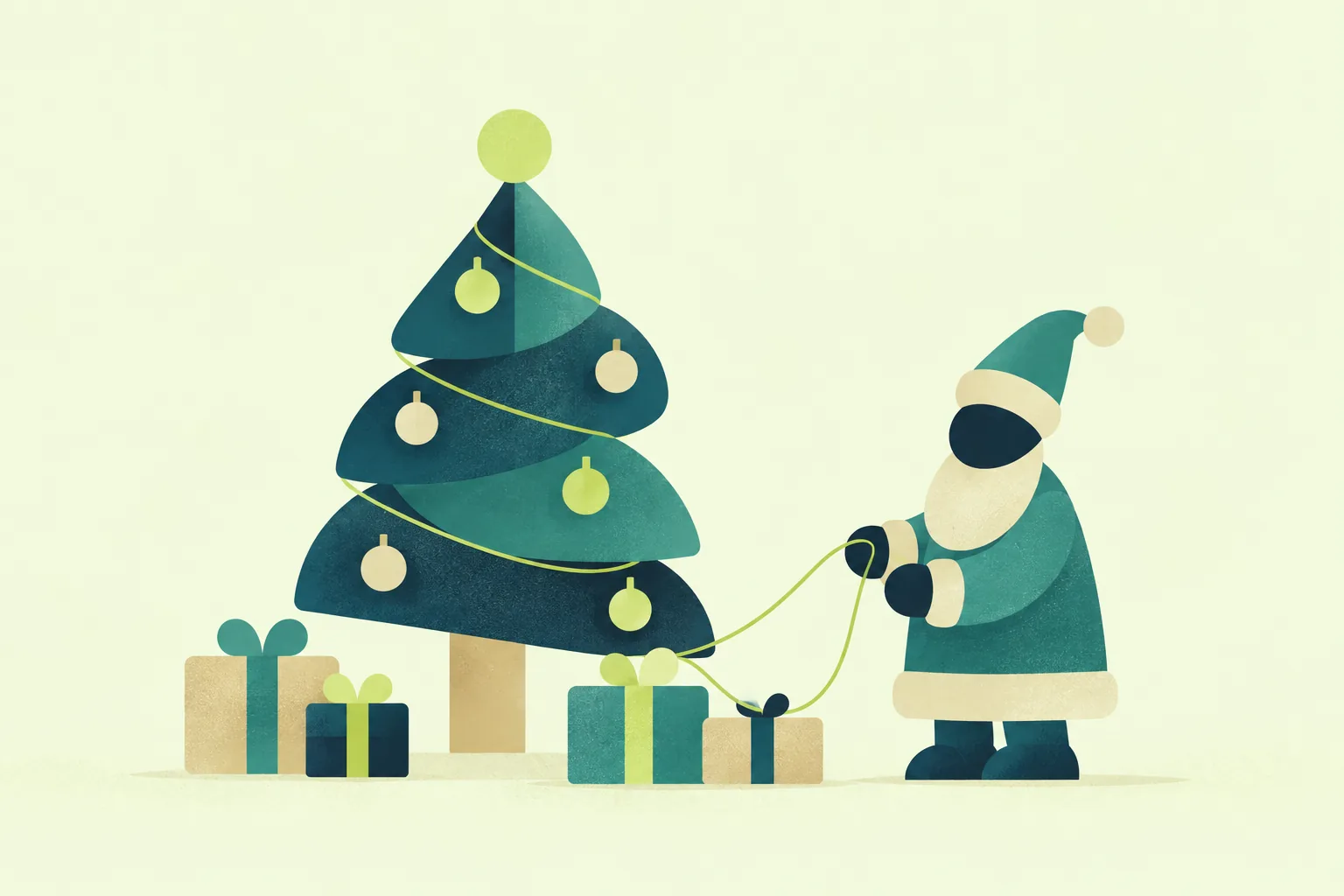 Ilustración de un árbol de Navidad decorado, regalos y una figura de Papá Noel unidos por un hilo verde.