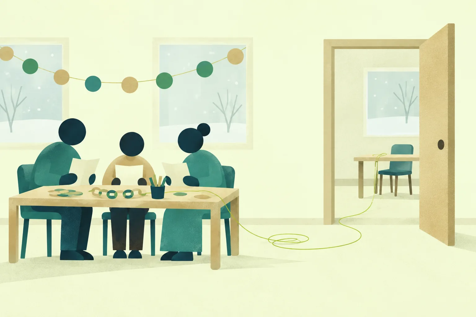 Ilustración de tres alumnos reunidos en un aula decorada con una guirnalda; un hilo verde pasa por la puerta hasta un pupitre vacío.