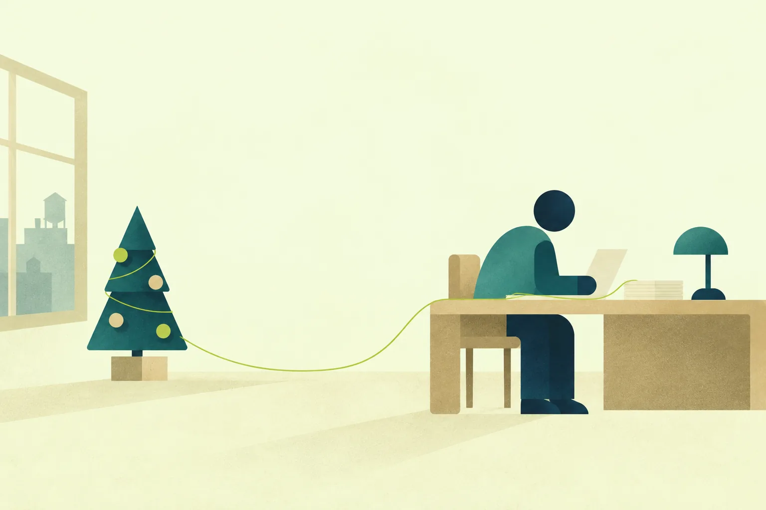 Ilustración de un árbol de Navidad junto a un escritorio antiguo; un hilo verde los conecta.