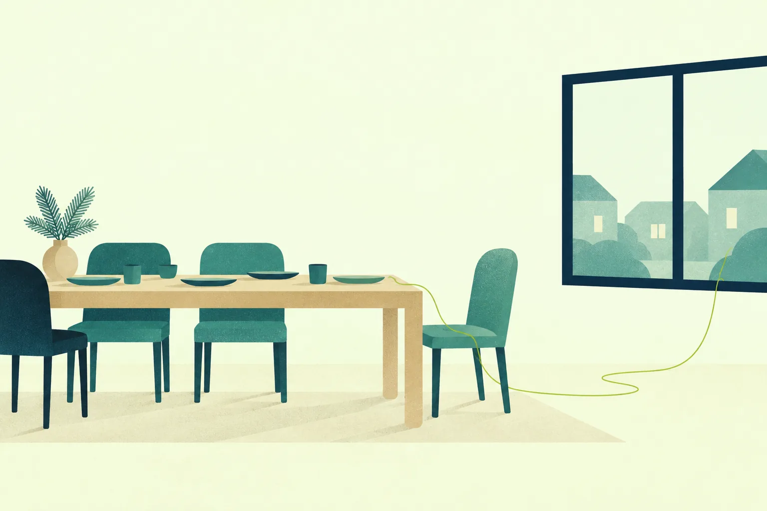 Ilustración de una mesa puesta para una comida familiar, con una silla vacía conectada por un hilo verde a la ventana.