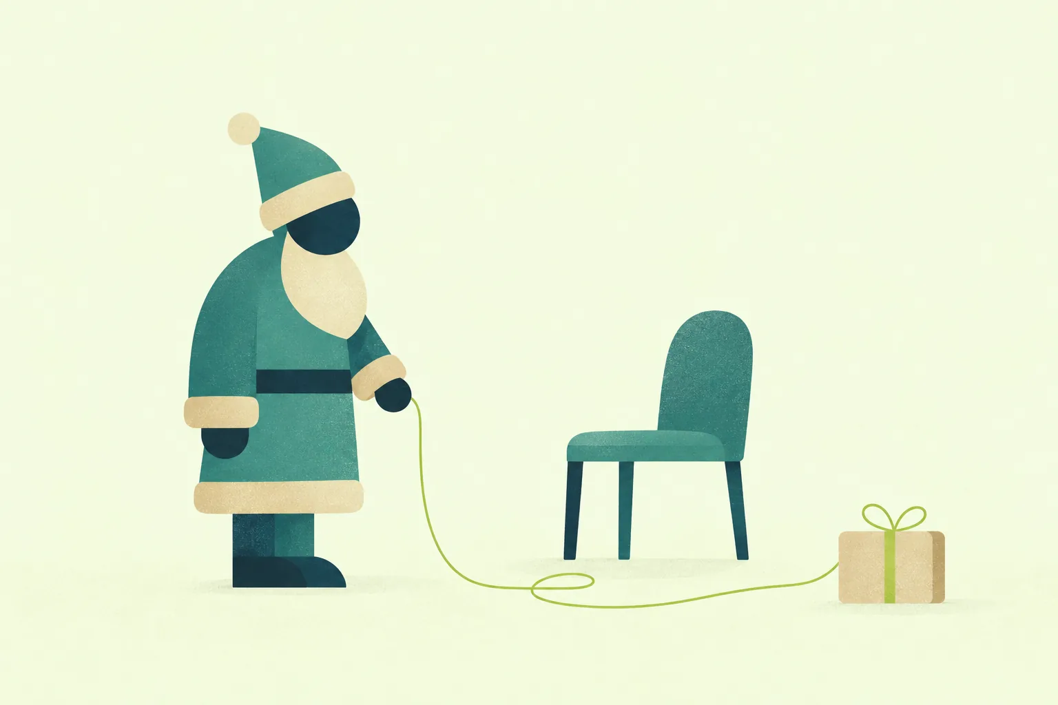 Ilustración de una figura de Papá Noel junto a una silla vacía y un regalo; el hilo verde queda suelto entre ellos.