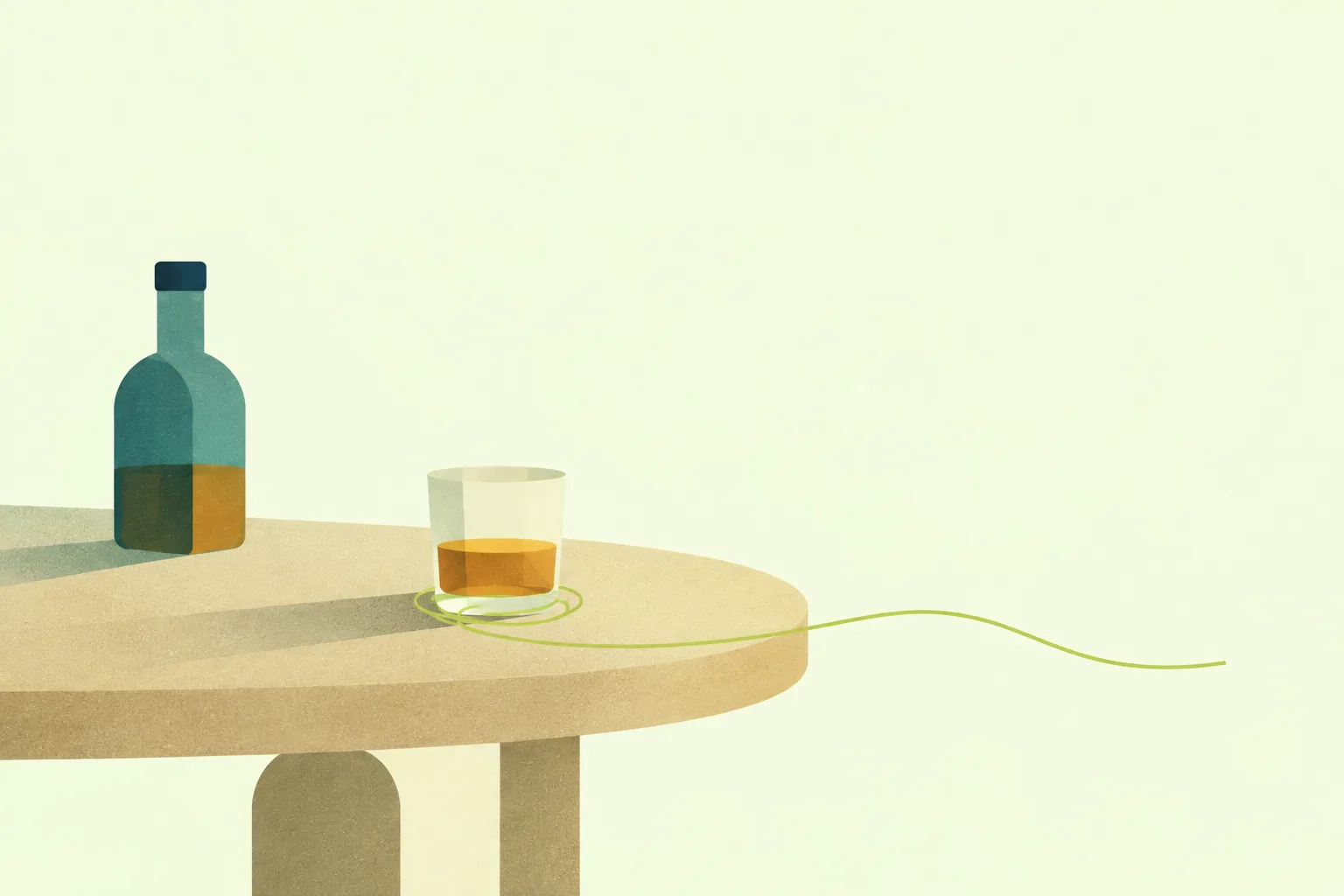 Ilustración de una copa con una pequeña cantidad de bebida junto a una botella cerrada; un hilo verde rodea la base de la copa.