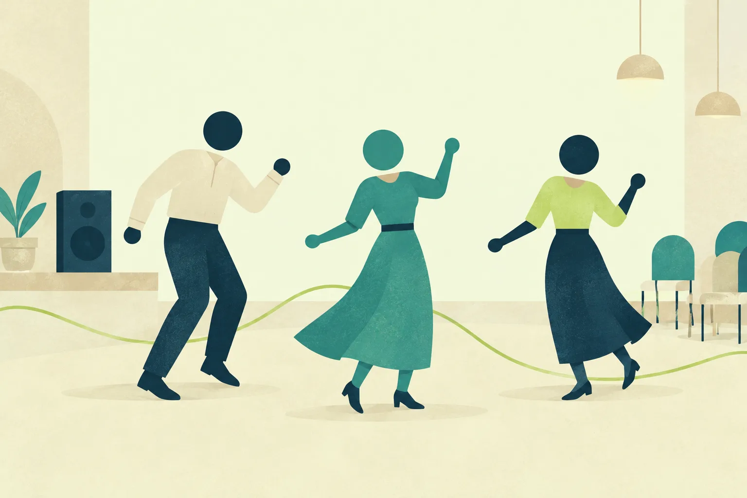 Ilustración de tres personas adultas bailando en una reunión social, unidas visualmente por un hilo lima.