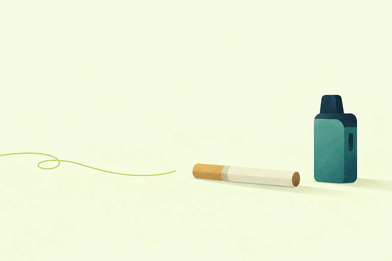 Ilustración de un cigarrillo sin encender y un vapeador; el hilo verde se detiene antes de llegar a ellos.