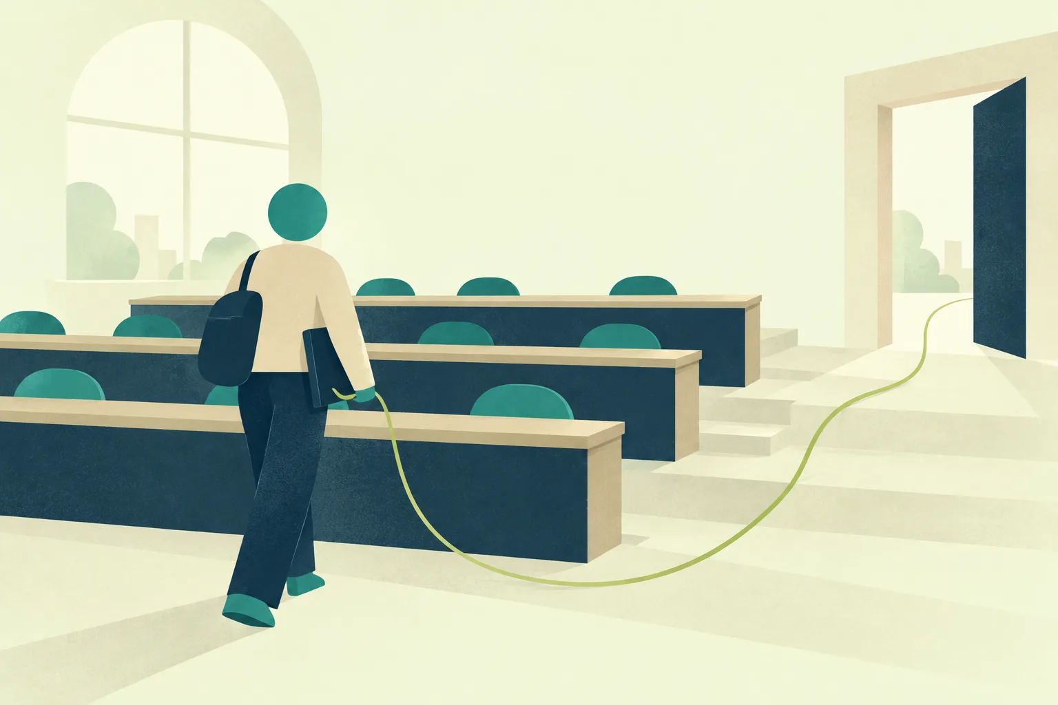 Ilustración de una estudiante entrando en un aula universitaria con un hilo lima que avanza hacia el espacio abierto.