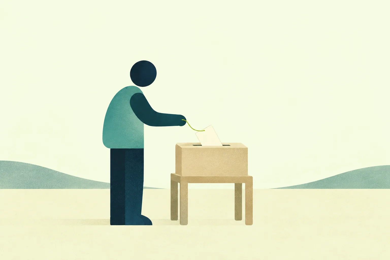 Ilustración de una persona depositando una papeleta en blanco en una urna; un hilo verde la conecta con su mano.