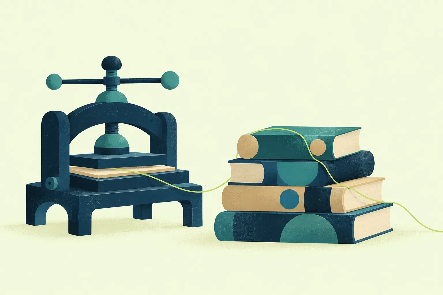Ilustración de una pequeña imprenta antigua junto a una pila de libros, unidos por un hilo verde.