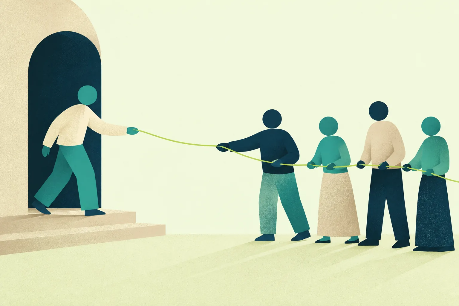 Ilustración de una persona que sale por una puerta y alcanza un hilo verde que sostiene un grupo de personas que la espera.