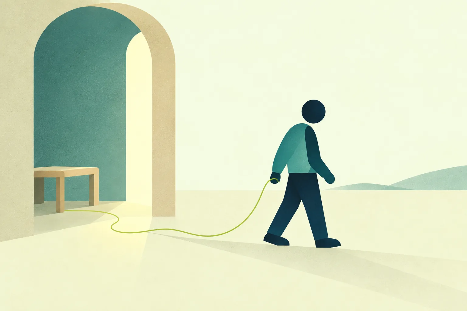 Ilustración de una persona que sale caminando de un arco hacia un espacio abierto, con un hilo verde en la mano que se extiende tras ella por el suelo.