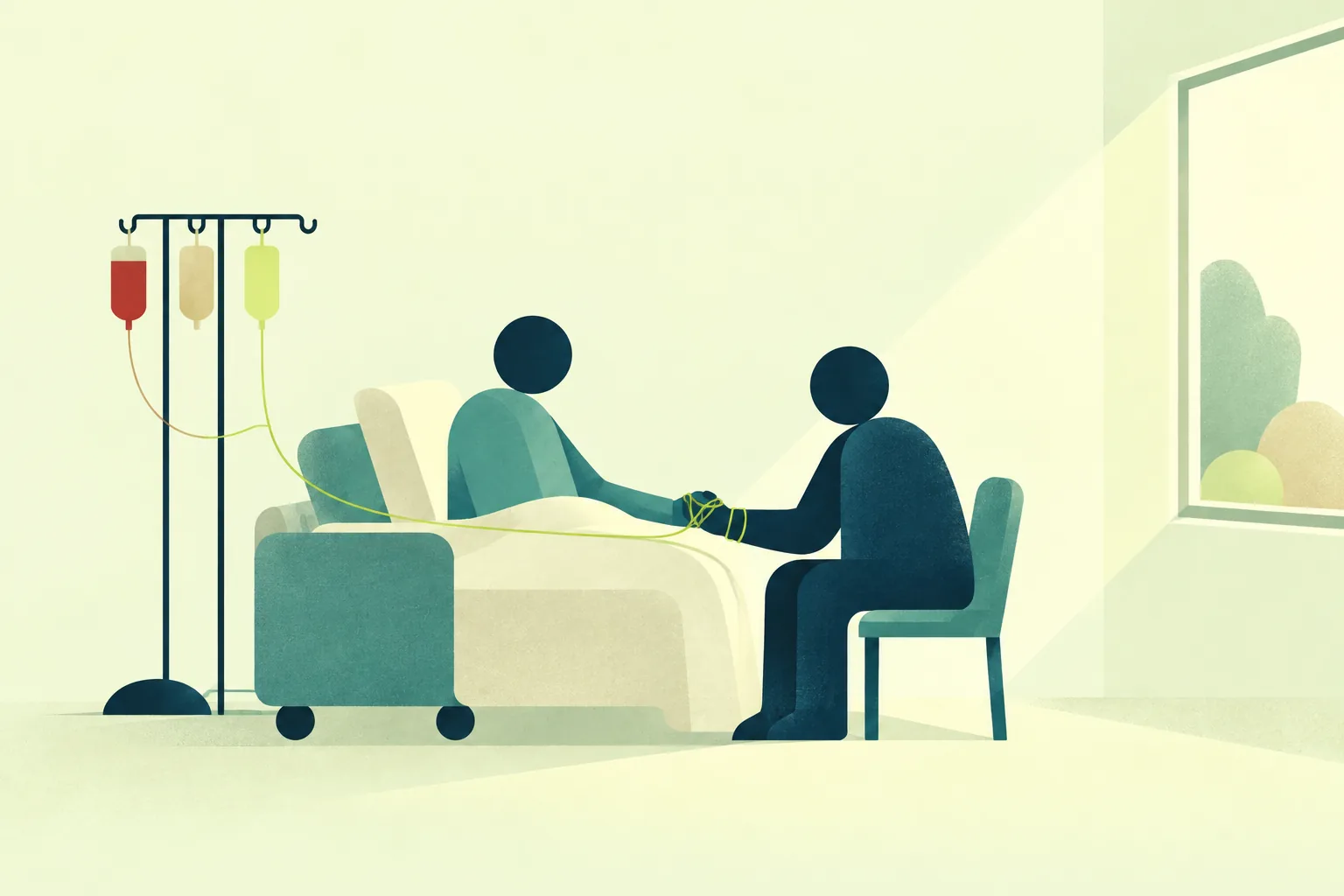 Ilustración de una persona en una cama de hospital que da la mano a un familiar, unidos por un hilo verde, junto a un gotero con tres bolsas y un gancho vacío.
