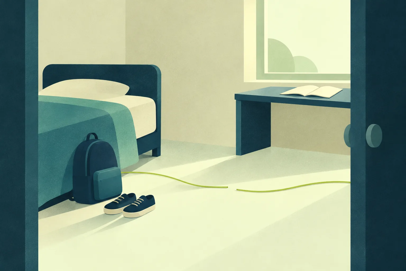 Ilustración de una habitación juvenil vacía, con la cama hecha, una mochila y una revista abierta sobre el escritorio, y un hilo verde cortado en el suelo.