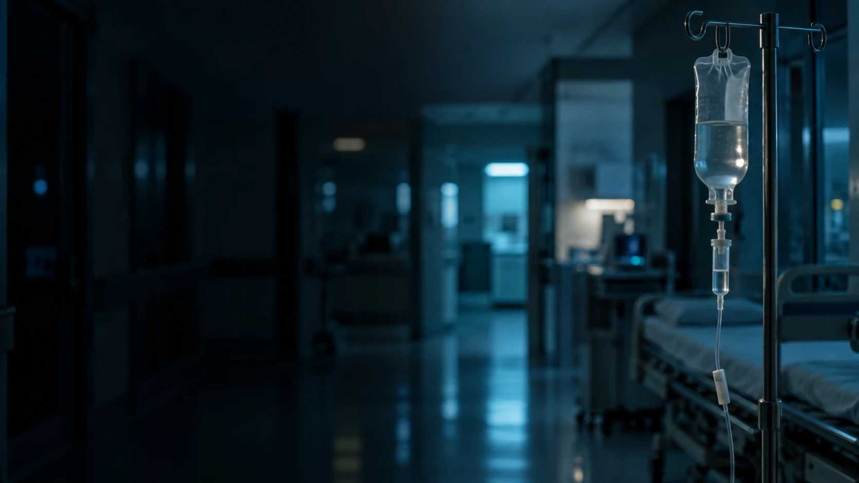 Pasillo de hospital en penumbra con un gotero colgado de un soporte en primer plano.