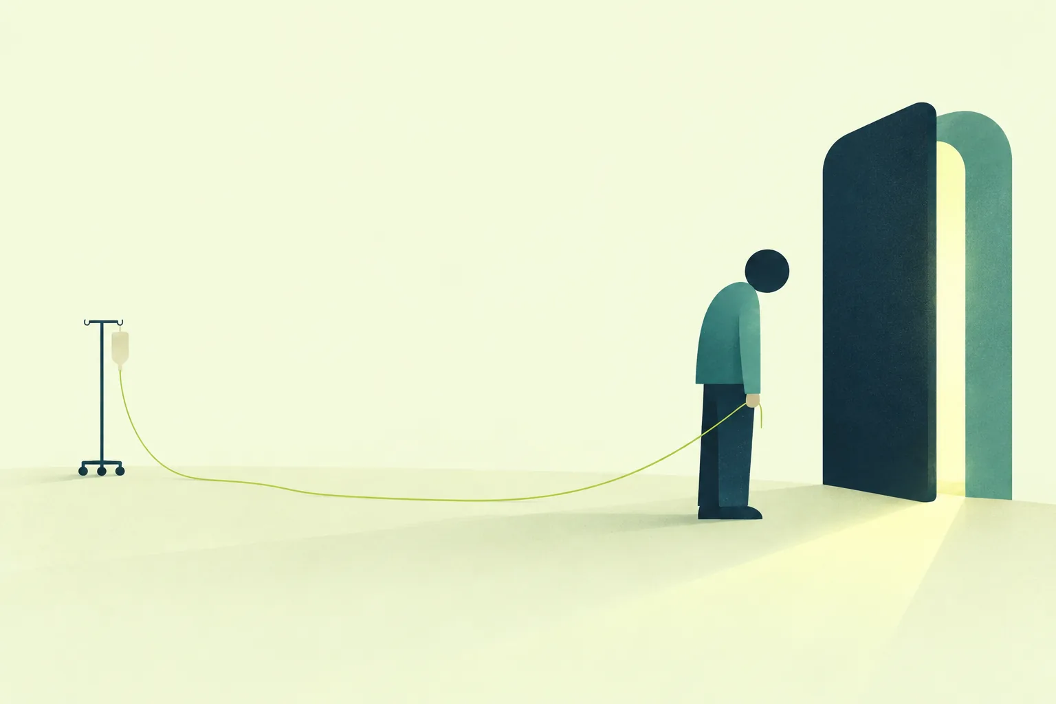 Ilustración de una persona ante una puerta que se entreabre, con un hilo verde que vuelve hasta un soporte de gotero vacío al fondo.