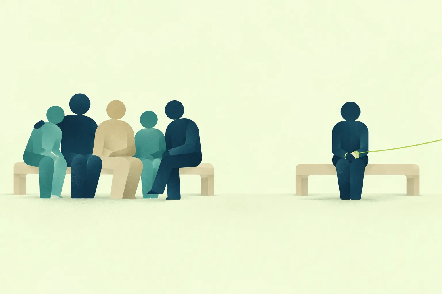 Ilustración de una sala de espera con varias personas juntas y una sentada aparte, sujeta por un hilo verde tenso.