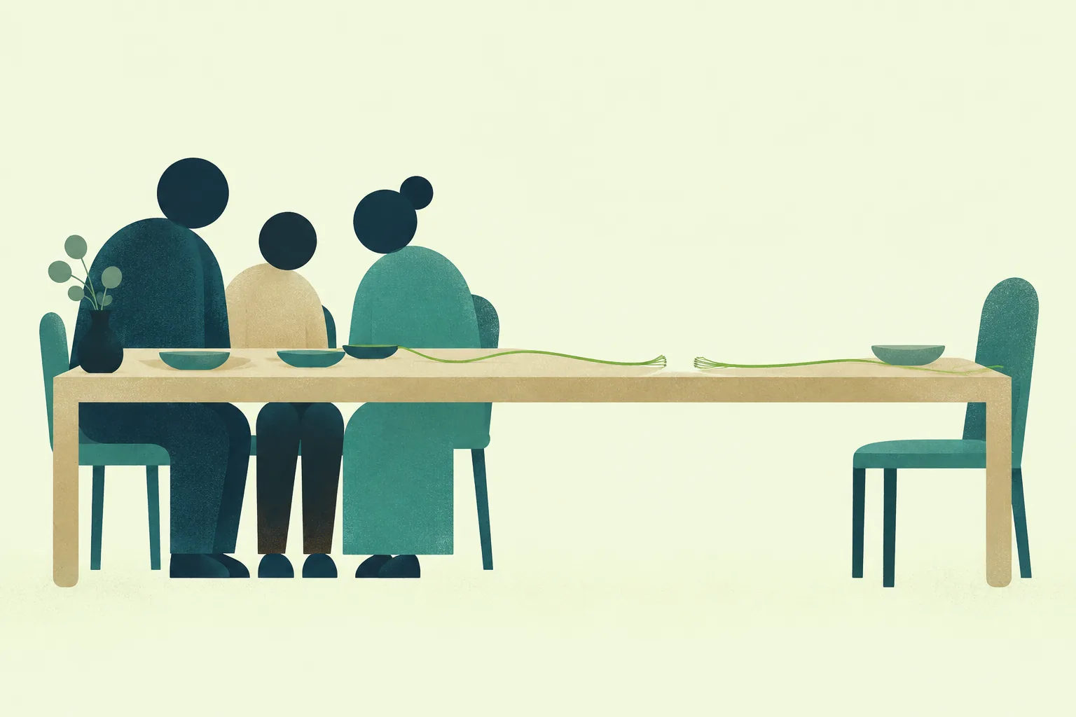Ilustración de una familia sentada a un extremo de la mesa y una silla vacía al otro, separadas por un hilo cortado.