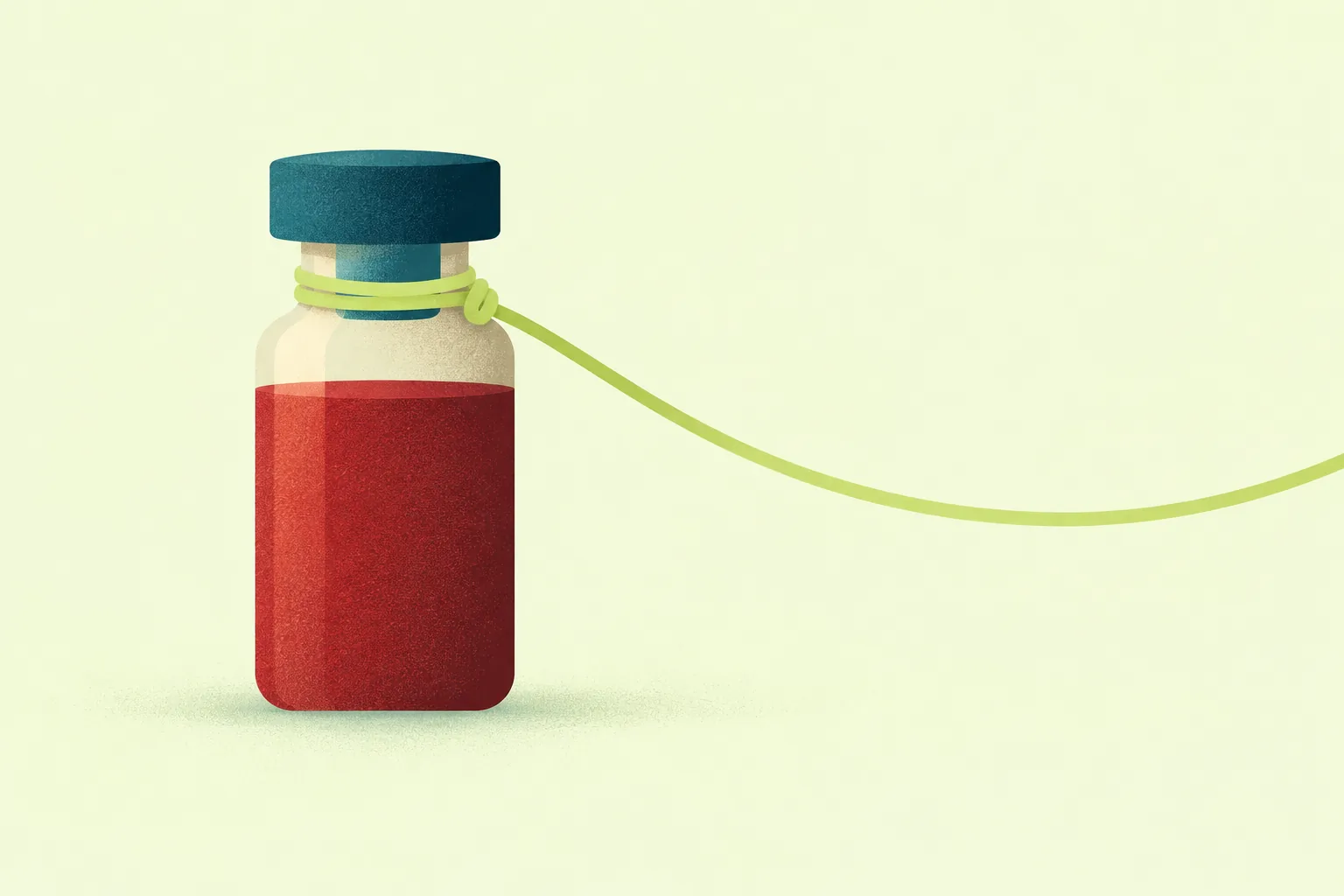 Ilustración de un vial de sangre con un hilo verde atado, símbolo de cuidado y confianza.